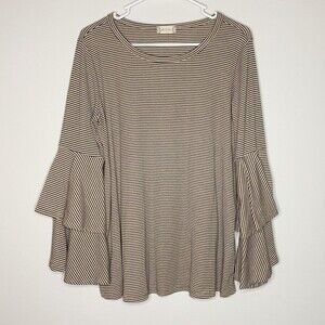 Altar’d State Double Bell Sleeve Top Black and Taupe Stripes Size Medium